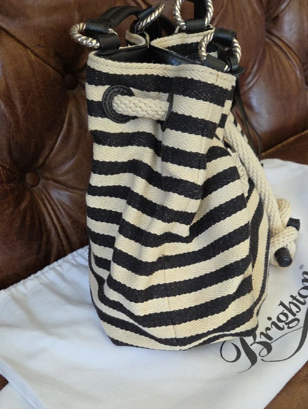 Brighton Black and Cream Striped Drawstring Shoulder Bag with Charm